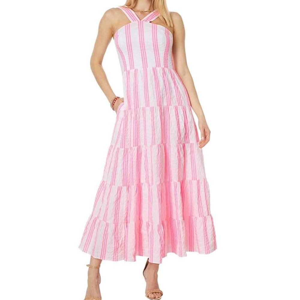 Lilly Pulitzer Jenette Halter Midi Dress Havana Pink Stripes Seersucker Size 10